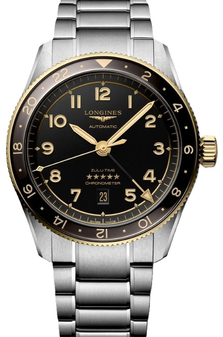 Longines Spirit Czarny 42 mm Złoto/Stal